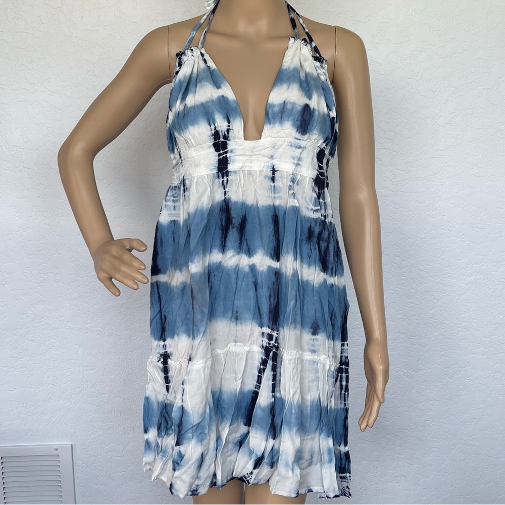 Gorgeous BohoMe blue and white tie dye halter swim cover up dress - Picture 1 of 16